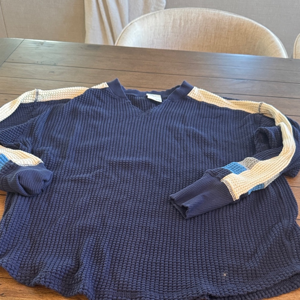 Navy Waffle Knit Sweater with Striped Sleeves Offline by Aerie